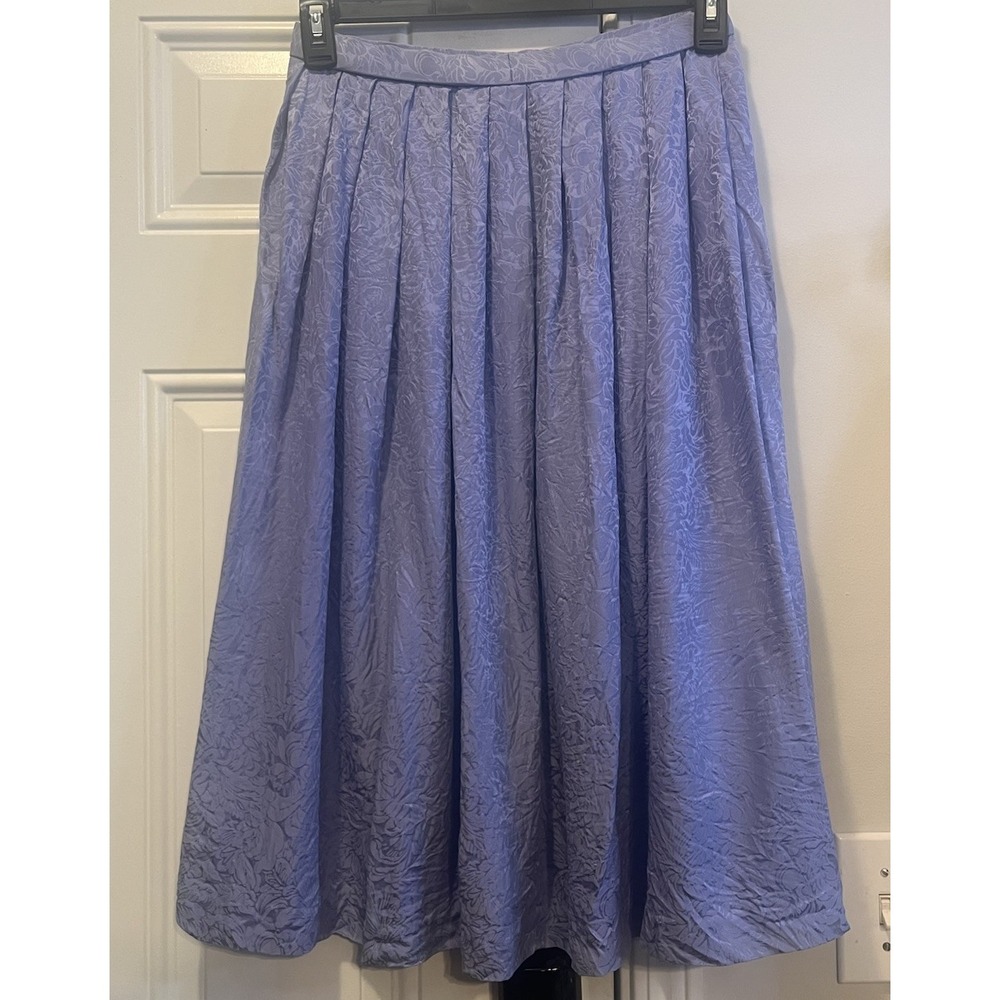 VTG 90s Natori Silk Jacquard Pleated Midi Skirt 27 Waist Periwinkle Blue Damask